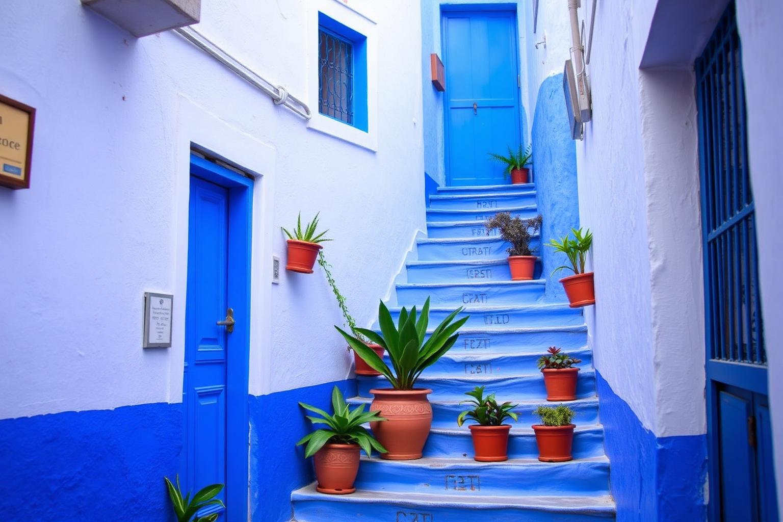 Blue-painted staircase and potted plants in the medina of Chefchaouen, Morocco