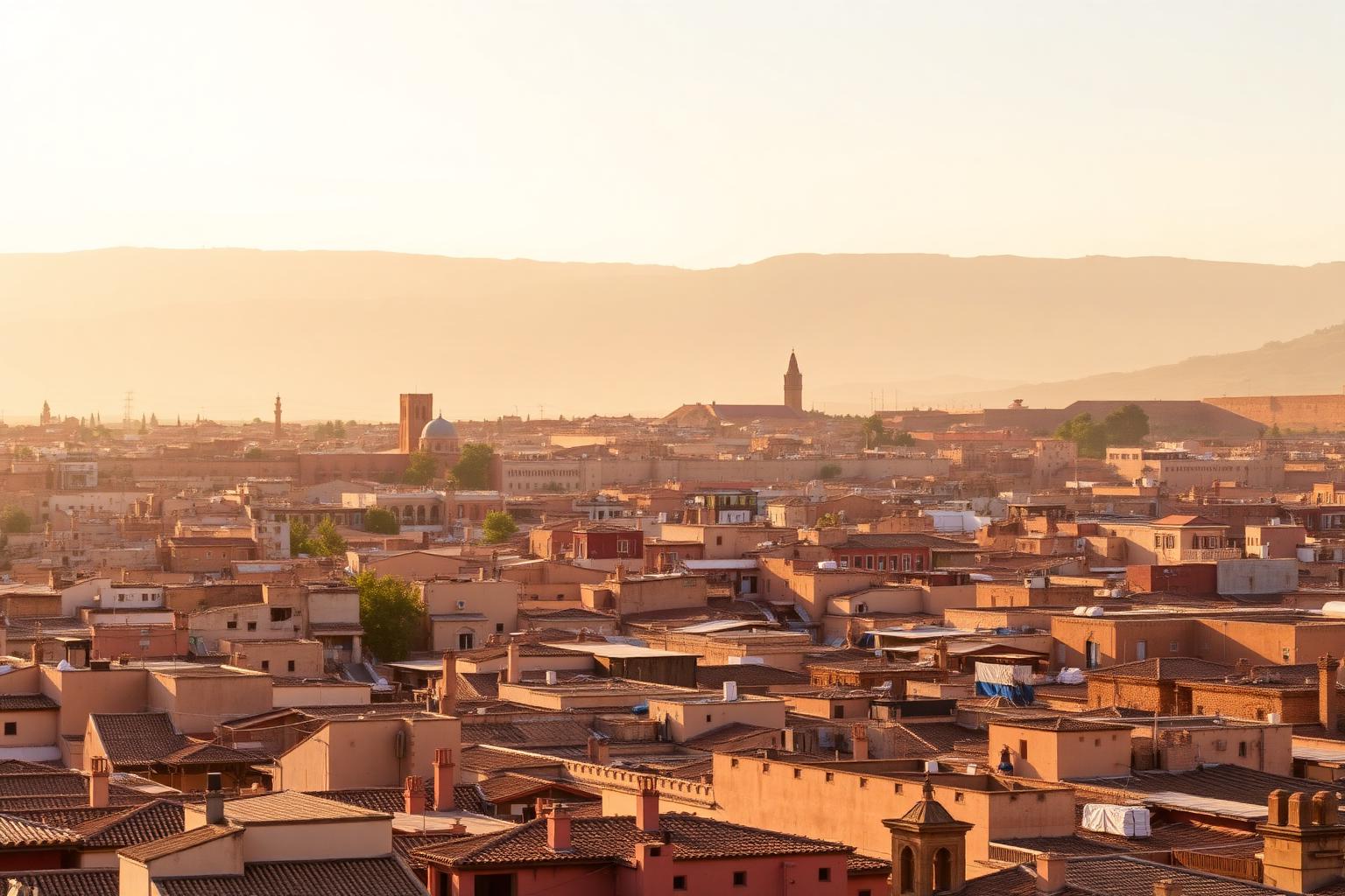 Golden-hour view over the rooftops and minarets of the Fes medina in Morocco