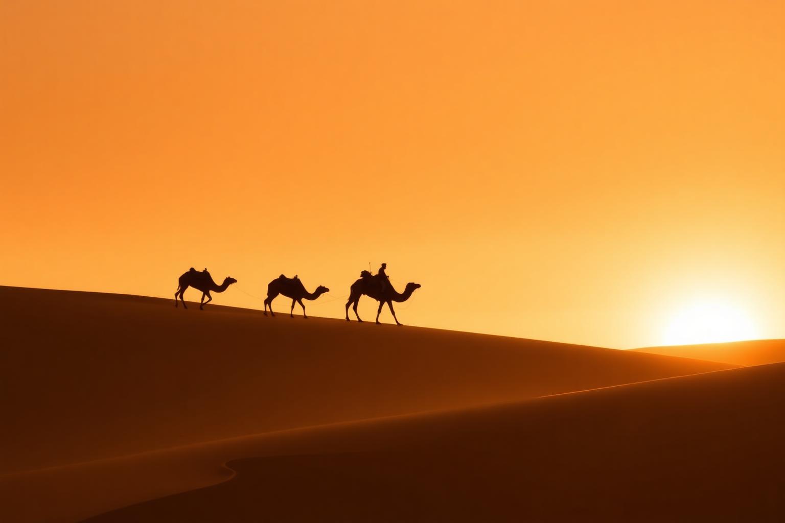 Camel caravan crossing a Sahara dune at sunset on a Toubkal Views desert journey in Morocco